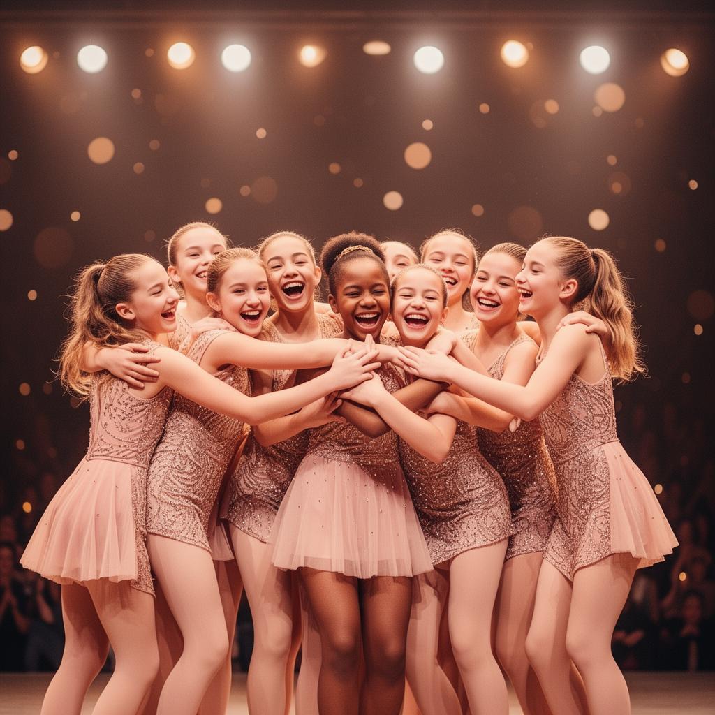 Teen dancers celebrating together on stage